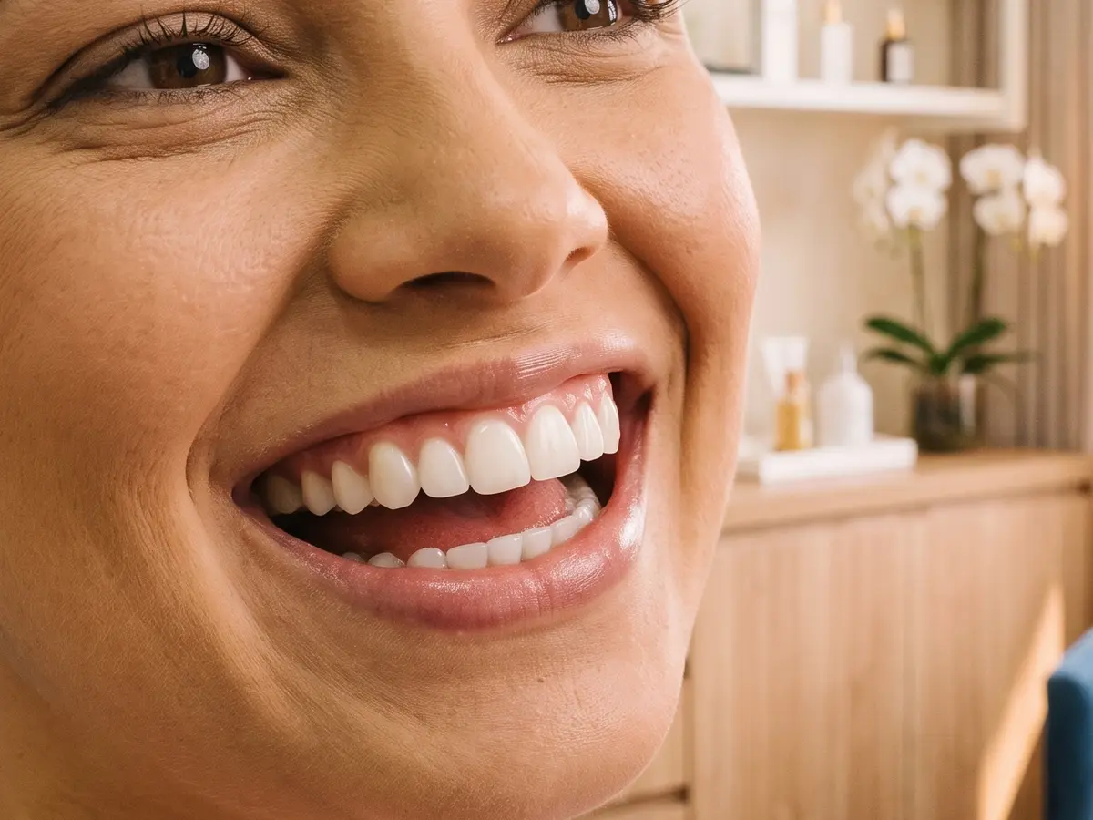 Close de um sorriso recuperado por tratamento na Ortolook